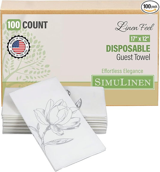 SimuLinen Silver Magnolia Disposable Bathroom Guest Towels - Folded, Single-Use, Kosher Paper Towels, 12x17", 100ct (Made in USA)