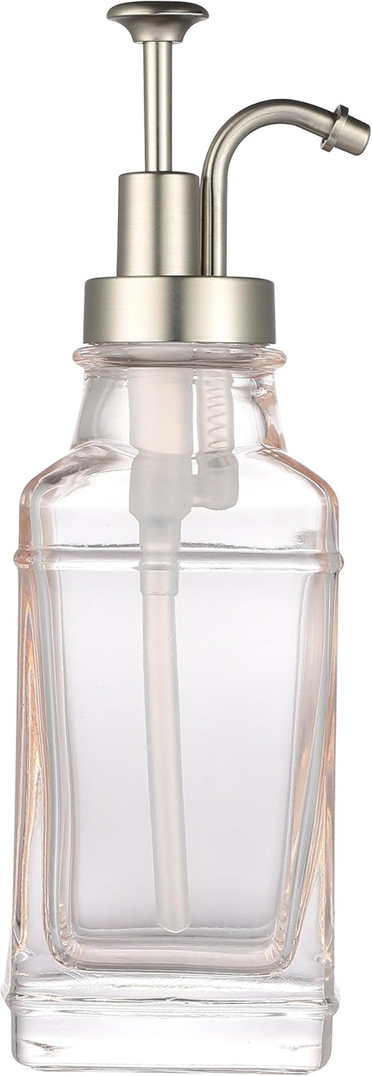 Pink, Blush Glass Soap Dispenser with Brushed Nickel Dispenser Pump, Modern Refillable Pump for Bathroom, Kitchen, or Office, Elegant Accent Piece for Interior Decoration