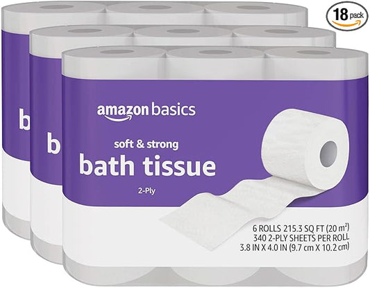 Amazon Basics Soft and Strong 2-Ply Toilet Paper, 18 Ultra Rolls = 72 Regular Rolls, Unscented, 340 Sheet (3 Packs of 6)