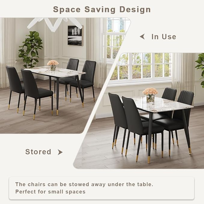 5 Pieces Modern Sintered Stone Dining Table Set 50" Rectangular Faux Marble Tabletop Kitchen Table with 4 PU Leather Chair Dinette Set(1Faux Marble Table+4Black Chairs)