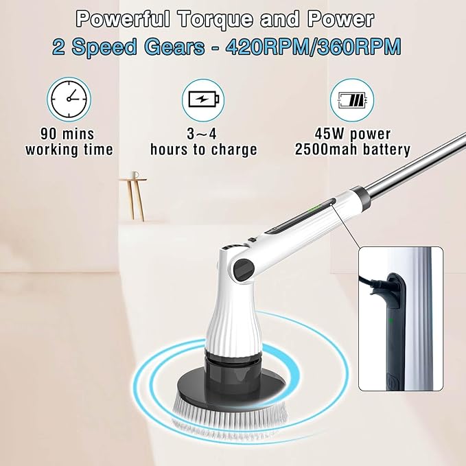 Electric Spin Scrubber, Cordless Cleaning Brush, Rechargeable Scrub Brush with 8 Replaceable Brush Heads, Adjustable Length and Angle Power Scrubber for Bathroom Tile Bathtub Glass