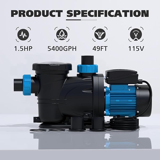 In/Above Ground Pool Pump, High Flow Powerful Self Priming Pool Pump with Timer,1.5 HP 5400GPH 115V