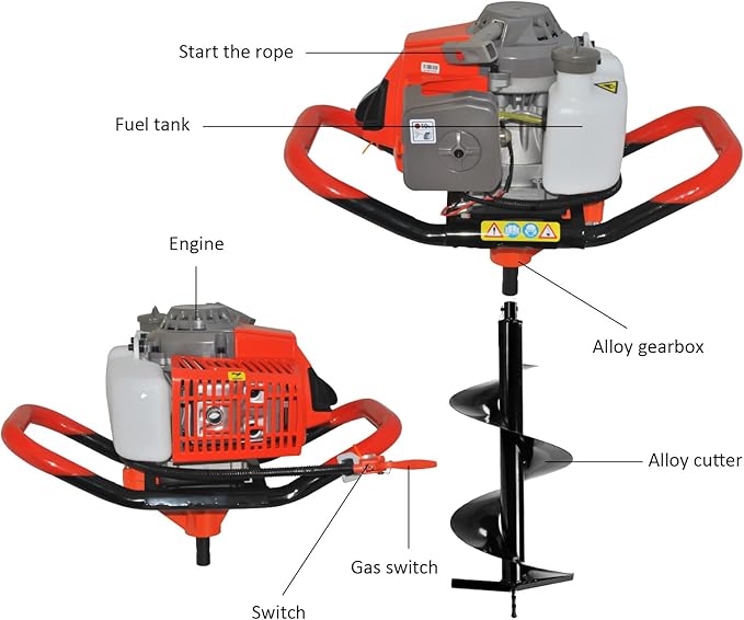 Post Hole Digger,72CC 2 Stroke Auger Post Hole Digger, Gas Powered Earth Digger 3 Auger Drill Bits(4"&8"&12'') and 2 Extension Rods for Farm Garden Plant (72cc Morden Digger)