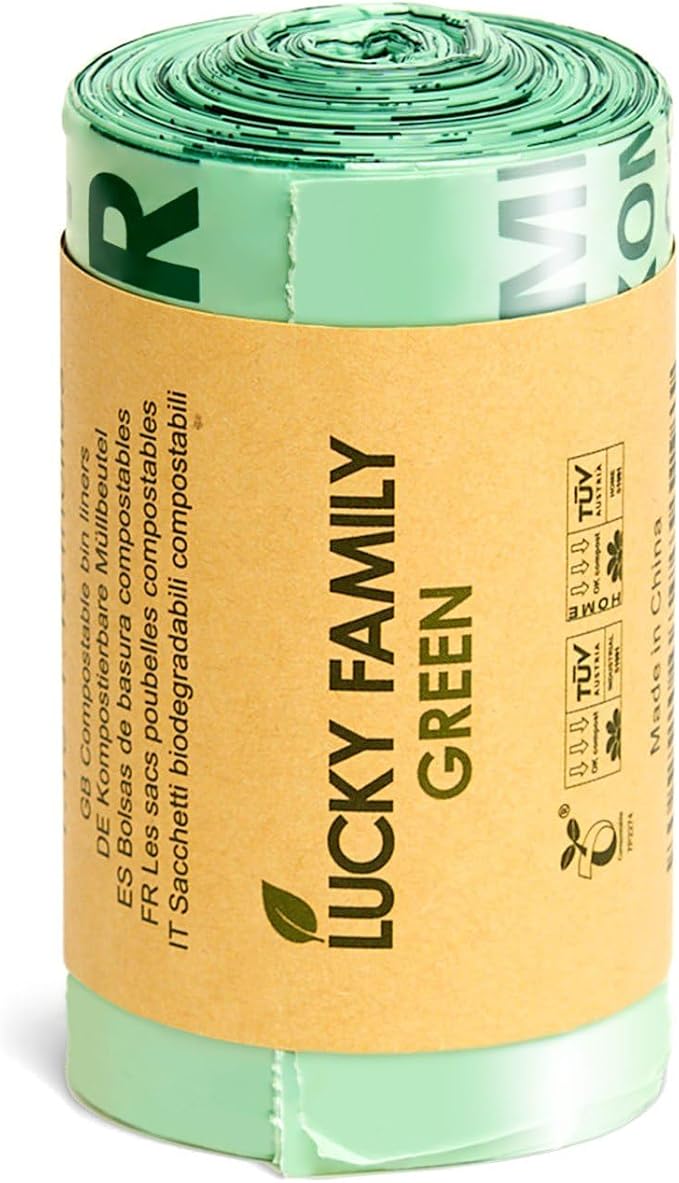 Lucky Family Green Compost Bags for Kitchen Countertop Bin - 100% Compostable Trash Bags for Food Waste, Organic Biodegradable Trash Bags (1.3-1.6 Gallon, 50 Count)