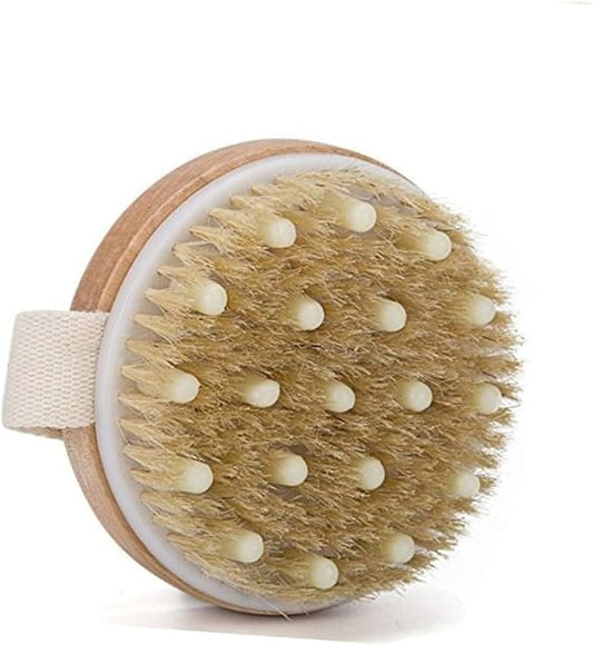 Exfoliating Bath Brush with Natural Bristles and Hand Strap Medium Stiffness Shower Scrubber for Dead Skin Removal Massage and Stimulation Body Brush for Feet Knees and Legs