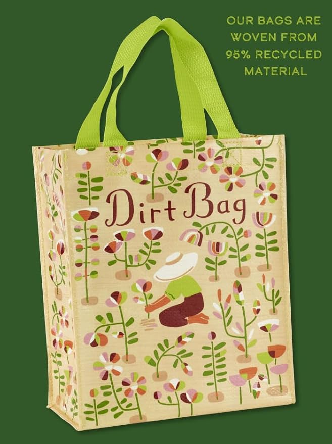 Blue Q Handy Tote, Dirt Bag. Reusable lunch sack, little gift bag for gardeners or plant lovers, easy-to-wipe-clean, 95% recycled material, 10" h x 8.5" w x 4.5" d