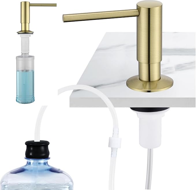 Avola Brushed Gold Kitchen Sink Soap Dispenser or Lotion Dispenser for Kitchen Sink, Brass Countertop Pump Dispenser with 47" Extension Tube Kit&17 OZ PET Bottle, Spot Free Gold Soap Dispensers