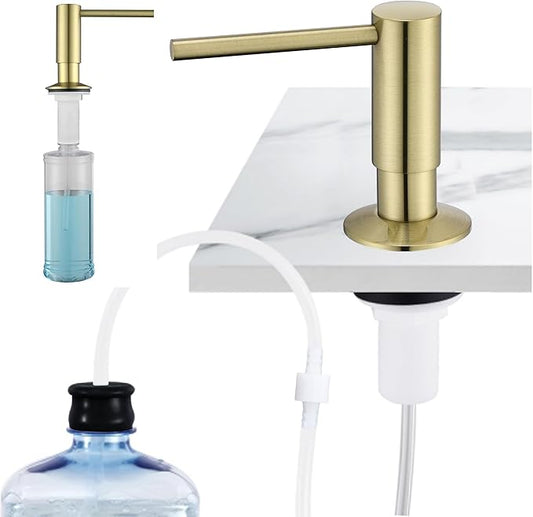 Avola Brushed Gold Kitchen Sink Soap Dispenser or Lotion Dispenser for Kitchen Sink, Brass Countertop Pump Dispenser with 47" Extension Tube Kit&17 OZ PET Bottle, Spot Free Gold Soap Dispensers
