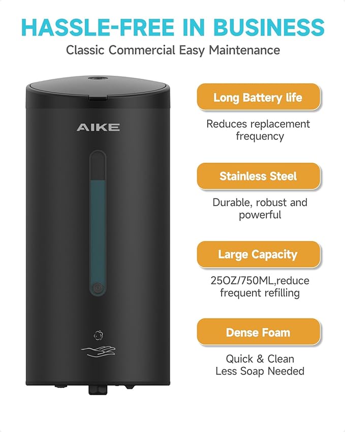 AIKE Wall Mount Automatic Foam Soap Dispenser 25 OZ Commercial Large Capacity Stainless Steel Model AK1205FA(Matte Black)