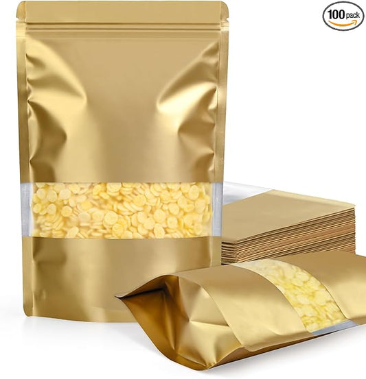 FireKylin 100 Pack Smell Proof Bags 4.7" x 7.9", Resealable Bags with Matte Window, Foil Pouch Stand Up Sealable Bags for Packaging(Gold)
