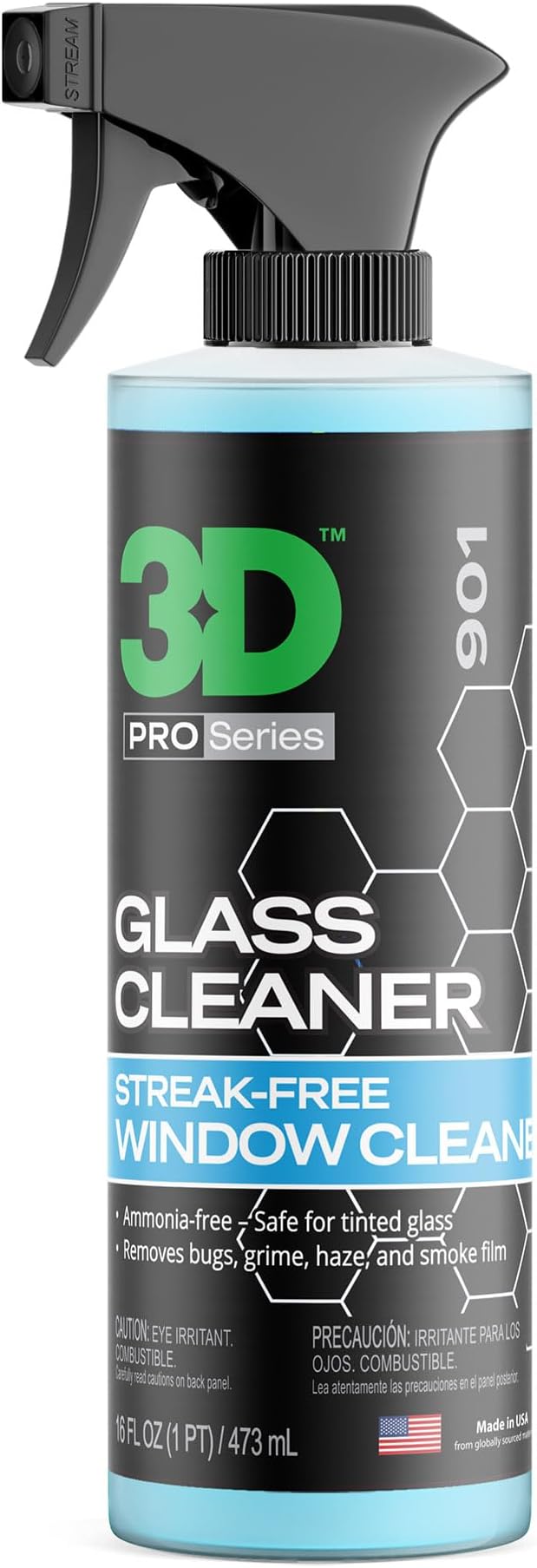 3D Glass Cleaner - Ready to Use, Tint Safe, Streak Free Glass Cleaner - 16oz.