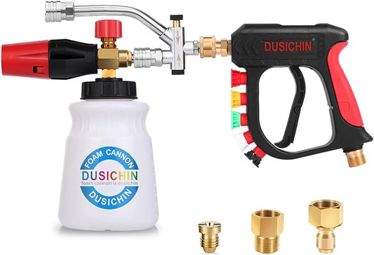 DUSICHIN Pressure Washer Short Gun Foam Cannon 1/4" Quick Connector,Car Wash Foam Gun Kit Dual Connector Accessory,Double Tip Attachment For Soap Cannon with 5 Nozzle Tips DUS2501