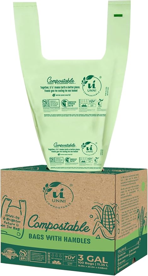 UNNI Compostable T-Shirt Bags with Tie Handles, 3 Gallon / 11.35 Liter, 100 Count, 0.68 mil Small Kitchen Caddy Liners, Certified by BPI, CMA & OK compost HOME, Meets ASTM D6400