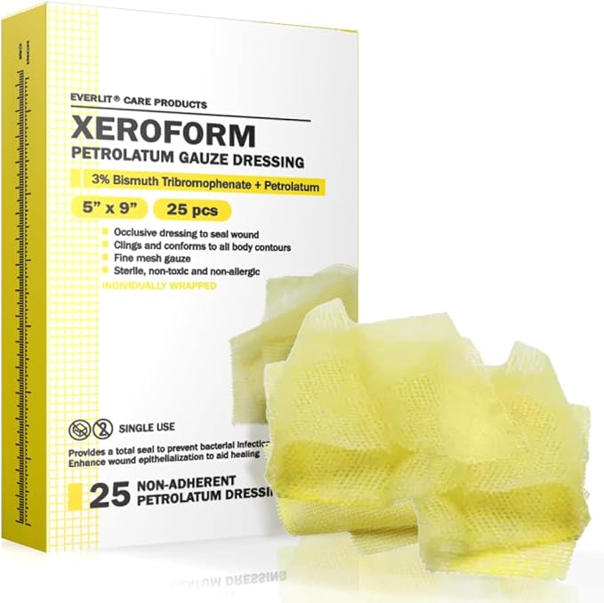 EVERLIT Xeroform Petrolatum Dressing | Sterile, Non-Adherent Occlusive Fine Mesh Gauze Pad | Non-Toxic, Gentle Patch for Burns, Laceration, Surgical Incisions & Skin Grafts (5" x 9" | Pack of 25)