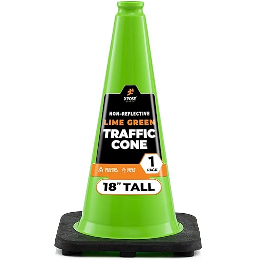 Xpose Safety 18” Lime Green Traffic Cone - 1 Pack - Premium PVC Safety Cone for Parking, Caution, Construction, Road Crews, Emergency Vehicle - DOT Approved