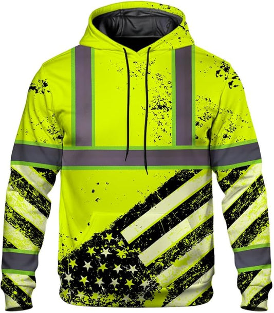 Color US Flag High Visibility Hoodie for Men Women Reflective Tapes Safety Workwear for Worker Runner Patriotic