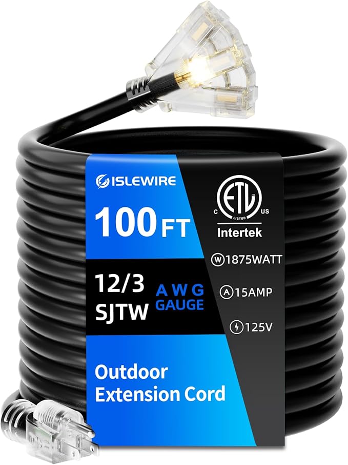 100 FT Outdoor Extension Cord with Multiple Outlets, 12 Gauge Heavy Duty Black Extension Cord Waterproof with 3 Outlet, 3 Prong Power Cord for Garden and Home Use Indicator Light, ETL Listed