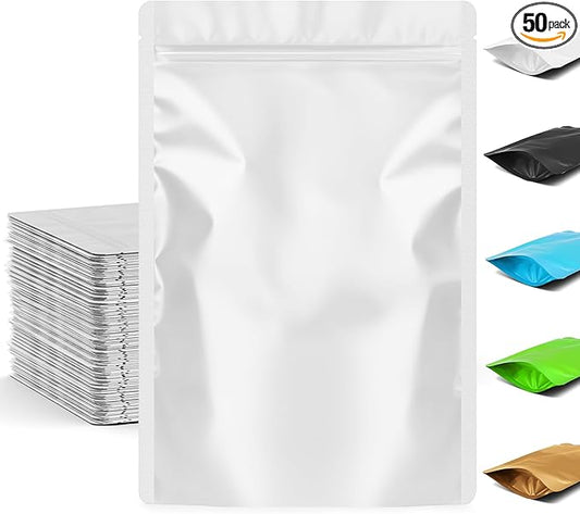 FUNFERY 4.7x7.9 inch Stand Up Mylar Resealable Bags for Food Storage,Smell Proof Foil Pouch,Food Packaging Sealable Bags,Mylar Zipper Bag for Jerky,Candy,Cereal,Coffee, Cards,White,50 Pack