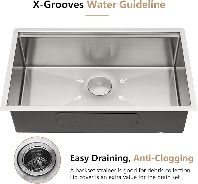 Dcolora 30 Inch Undermount Kitchen Sink Workstation 16 Gauge 304 Stainless Steel Large Single Bowl Under Counter Sinks, Round Corner 30"x19"x10", DC-U7702