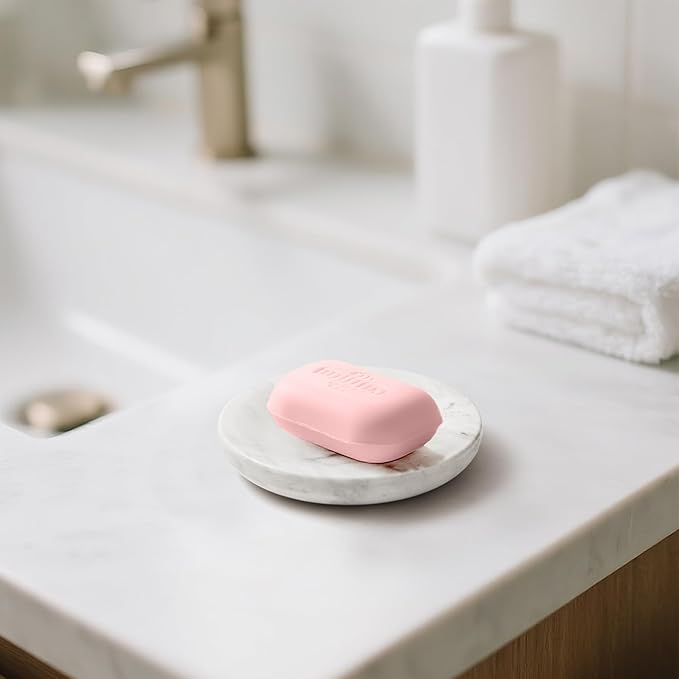 WORHE Marble Soap Dish Italy Natural Stone Sponge Holder for Bathroom Tub Shower Kitchen Sink, Handcraft Round Soap Case Organizer Trinket Plate Jewelry Tray Coaster for Home Decor White (DL008)