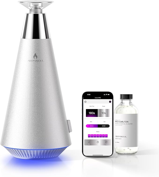 Waterless Scent Diffuser Starter Kit - 1500 Sq Ft Coverage, Alloy Atomization System,Mood Light,Smart Rechargeable Hotel Scent Diffuser, Including 120ml Essential Oil, for Home,Large Room,Spa,Silver