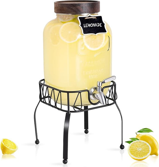 Mustry Glass Drink Dispenser for Parties, 1 Gallon Beverage Dispenser with Stand and Spigot Solid Stainless Steel, Used as Lemonade Dispenser Sun Tea Jar Kombucha Jar