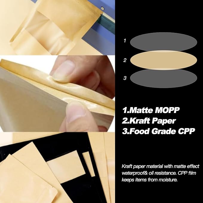 100 Pack Bags, Resealable Bags with Clear Window, Stand-up Bags for Sealing Storage, Scratch Resistant Hand Storage Bags. (Kraft Paper, 5.5×7.9 Inch)