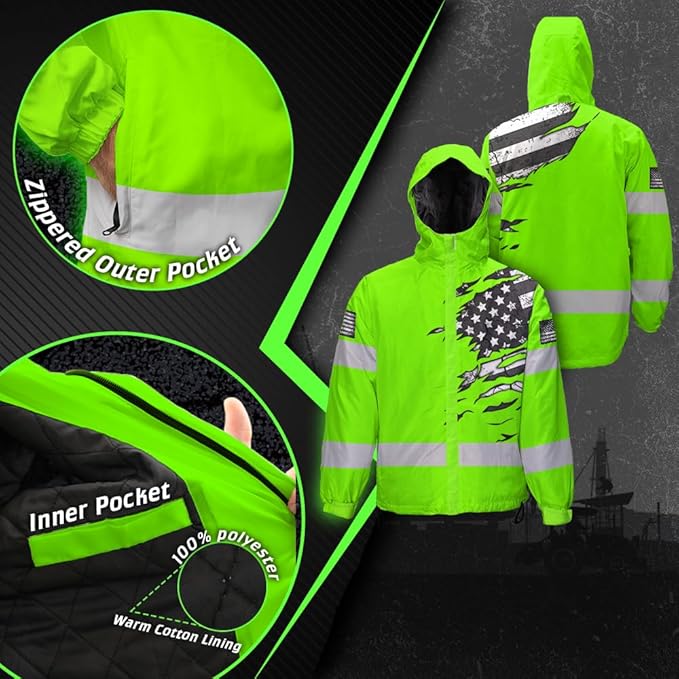 Color US Flag High Visibility Hoodie for Men Women Reflective Tapes Safety Workwear for Worker Runner Patriotic