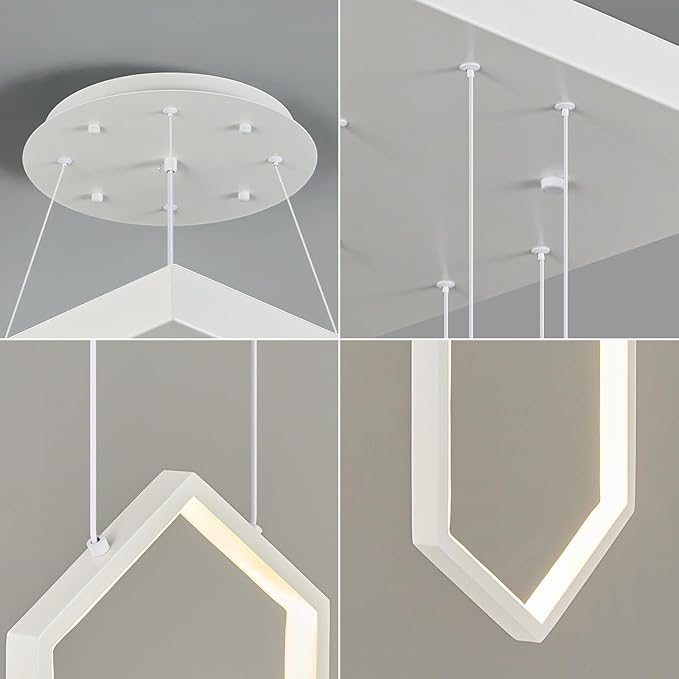 Modern Adjustable Height Chandelier White 4000K LED Pendant Lights 6 Rings Rectangular Celling Light Staircase Large Chandelier for High Ceilings Foyer Entryway