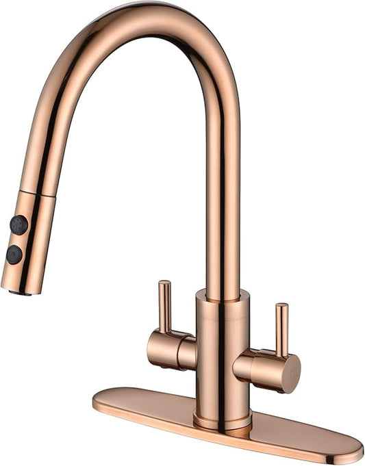 Kitchen Faucet, Two Handles Sink Faucet with Sprayer, Stainless Steel, Copper Rose Gold, PB1048