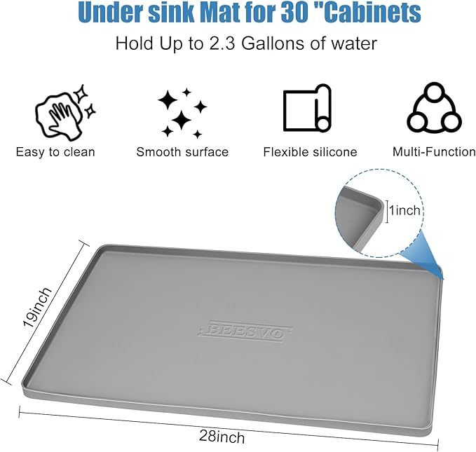 Under Sink Mat for Kitchen Waterproof, 28" x 19" Silicone Under Sink Liner Kitchen & Bathroom Cabinet Protector Mats, Heavy Duty Flexible Under Sink Drip Tray with Lip, Cool Grey