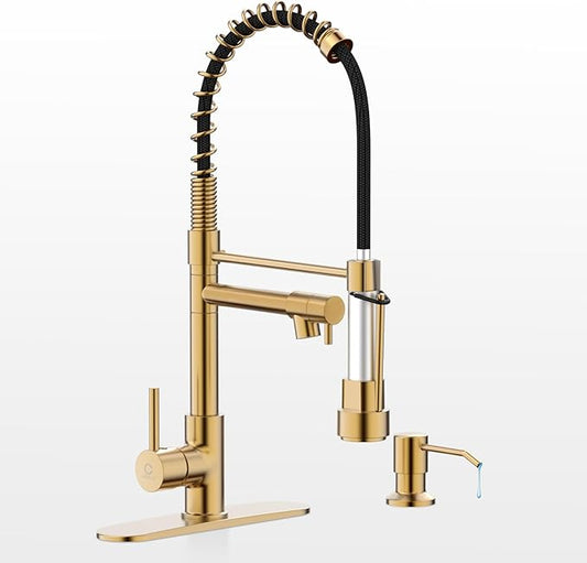 Kitchen Faucet with Soap Dispenser, Brushed Gold Kitchen Faucet, Kitchen Faucets with Pull Down Sprayer and Deck Plate, Stainless Steel Spring Camper Laundry RV Faucets for Kitchen Sinks