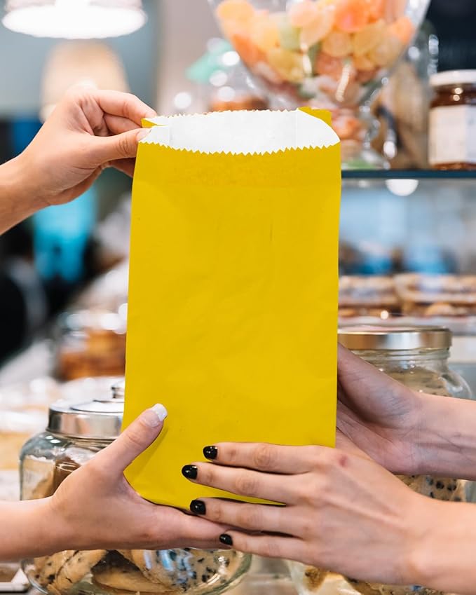 Bakepacker 100 Pcs Bright YellowTreat Paper Bags with 100 Stickers 5.1"x3.1"x9.4" Small Party Gift Bag Snack Bag without Handle