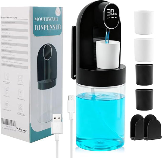 Automatic Mouthwash Dispenser for Bathroom, 600ml (20.29oz) Electric Mouth Wash with Digital Display, 4 Dispensing Modes, Magnetic Cup & Wall Mounted Holder, Bathroom Accessories for All Age Groups