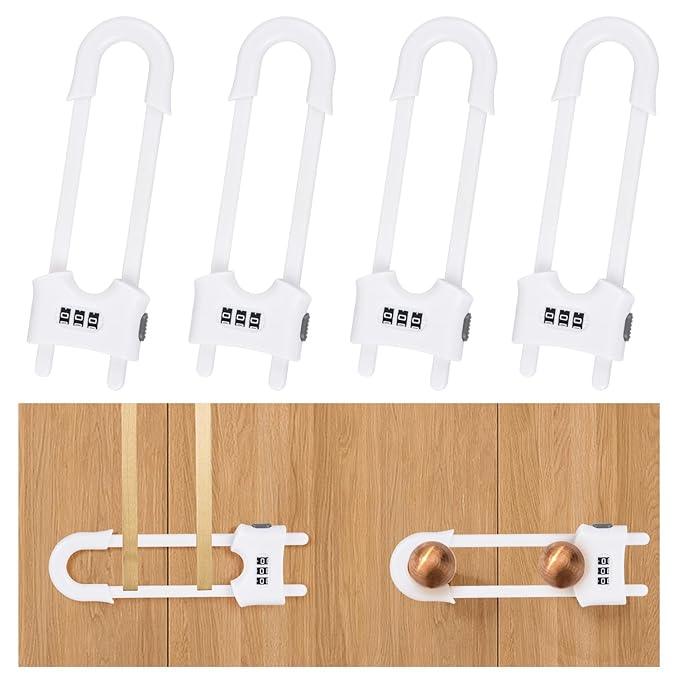 4 Pack U-Shaped Sliding Cabinet Locks Multifunctional Child Safety Lock Adjustable Baby Proof Clips for Home Cabinets Refrigerator Doors Cabinet Knobs and Window Handles (White)