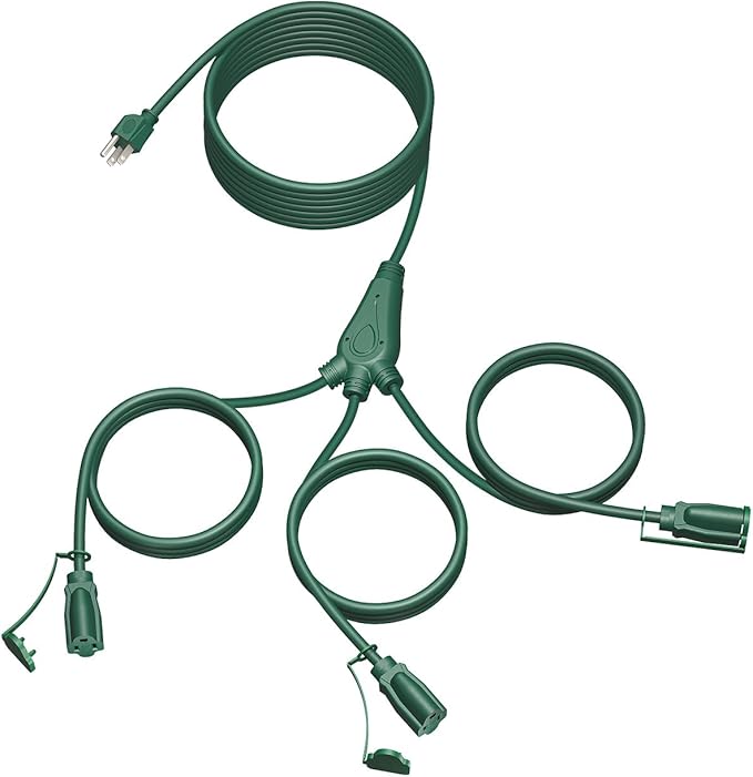28Ft Outdoor Extension Cord, 1 to 3 Splitter Heavy Duty Weatherproof Power Cord, 16/3 SJTW, 3 Grounded Outlets Flat Plug for Patio, Garden, Halloween Displays, Christmas Lights, Green ﻿