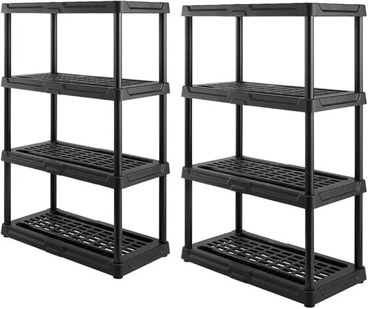CX 4-Tier (53”H x 36”W x 18”D) Plastic Storage Shelving Unit (Black) 2 Pack, Heavy Duty, 150lbs Per Shelf Capacity, Indoor/Outdoor Storage Organization in Home, Garage, Office, Easy Assembly