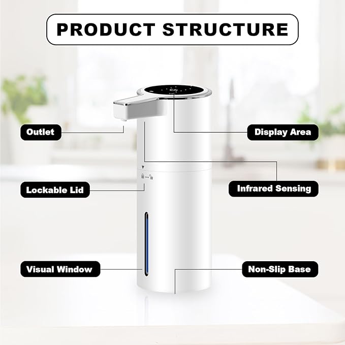 Automatic Soap Dispenser 13oz. Wall Mount Touchless 4 Gear Adjustable Electric Soap Dispenser USB Rechargeable with Infrared Motion Sensor for Bathroom Kitchen Office (White Foam)