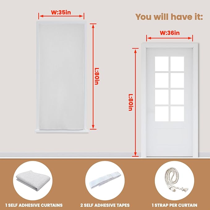 Adhesive Curtain,100% Blackout Shades,No Rod,Easy to Install,Provides Privacy Protection for Bedrooms (Grayish White - W35 × L80 in)