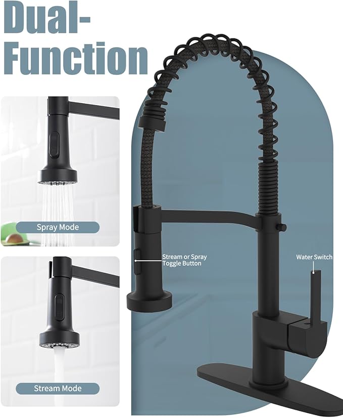Black Kitchen Faucet Soap Dispenser, Faucet for Kitchen Sink, Kitchen Sink Faucet with Deck Plate, Kitchen Faucet with Pull Down Sprayer and Dual Function Spray Head