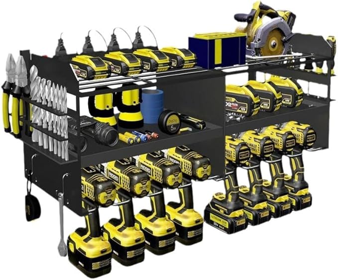 4-tier 8-shelf heavy-duty electric tool organizer, garage power tool storage rack. Black, rust-resistant.