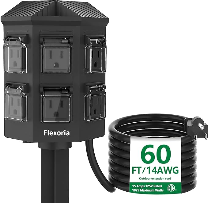 Outdoor Power Strip Waterproof, 60 FT Extension Cord, 6 Grounded Outlets for Halloween/Christmas Decorations and Inflatables, 15A/1875W, ETL Listed