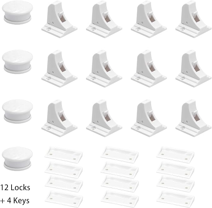 12 Pack Magnetic Cabinet Locks Baby Proofing Child Safety Cupboard Drawers Latches. (4 Keys)