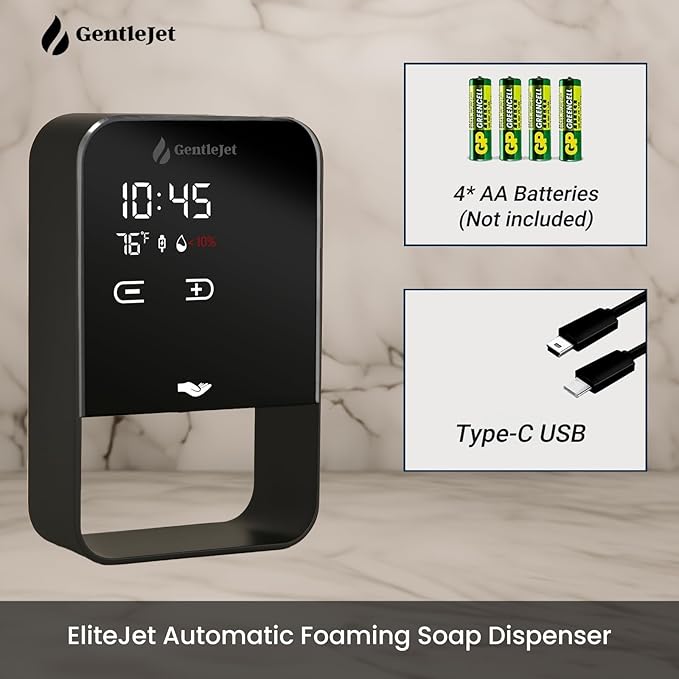 EliteJet Automatic Foaming Soap Dispenser Touchless - Wall Mount & Countertop, Aluminum Alloy Body, Automatic Soap Dispenser Touchless with Dual Power (USB/Battery), LED Display
