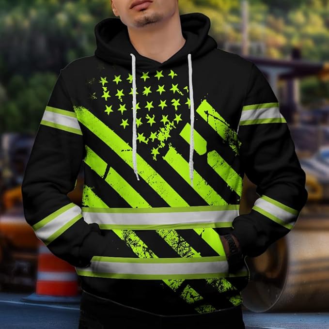 Color US Flag High Visibility Hoodie for Men Women Reflective Tapes Safety Workwear for Worker Runner Patriotic