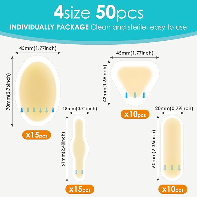 50ct Blister Bandages for Feet Hydrocolloid Bandages Waterproof Blister Cushion for Feet Toes Heels Blister Pads for Prevention Variety Pack