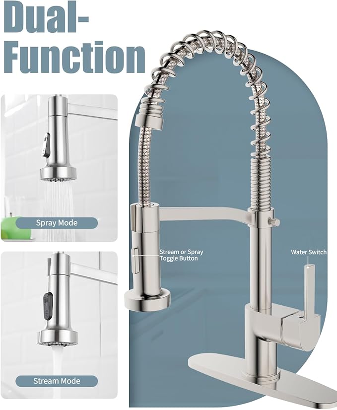Kitchen Faucet Soap Dispenser,Faucet for Kitchen Sink, Kitchen Sink Faucets with Pull Down Sprayer and Dual Function Spray Head,RV Sink Faucet with Deck Plate,Nickel Brushed