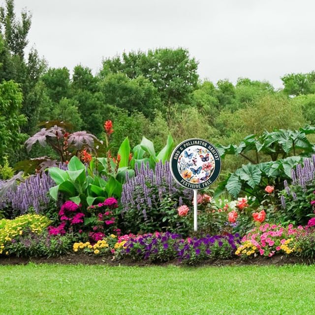 Bidesign Round (9.2X9.2) IN Bird And Pollinator Habitat Pestiside Free Yard Sign with Stake Rustproof Aluminum Butterfly Lawn Signs Stand for Home Garden Yard Decorations Outdoor