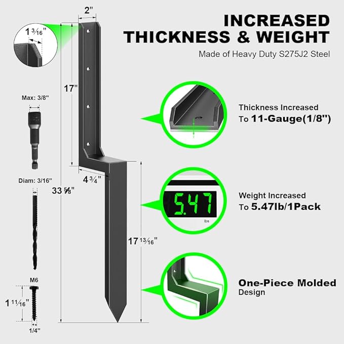 Fence Post Repair Kit - Quick Fix Broken/Leaning 4x4/6x6 Wood Posts Support with Heavy-Duty Steel Anchors & Stakes (Thickened 11-Gauge, 6-Pack)