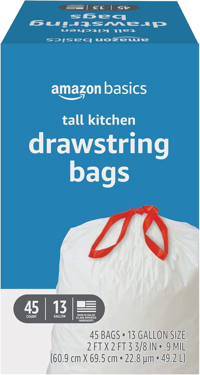 Amazon Basics Trash Bags, Tall Kitchen Drawstring, Unscented, 13 Gallon, 45 Count, Pack of 1